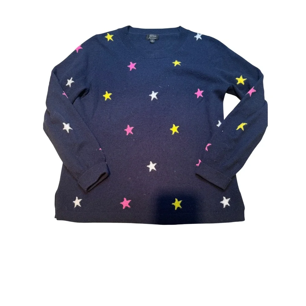 J.Crew Navy Blue 100% Cashmere Star Print Crewneck‎ Sweater Womens Medium M